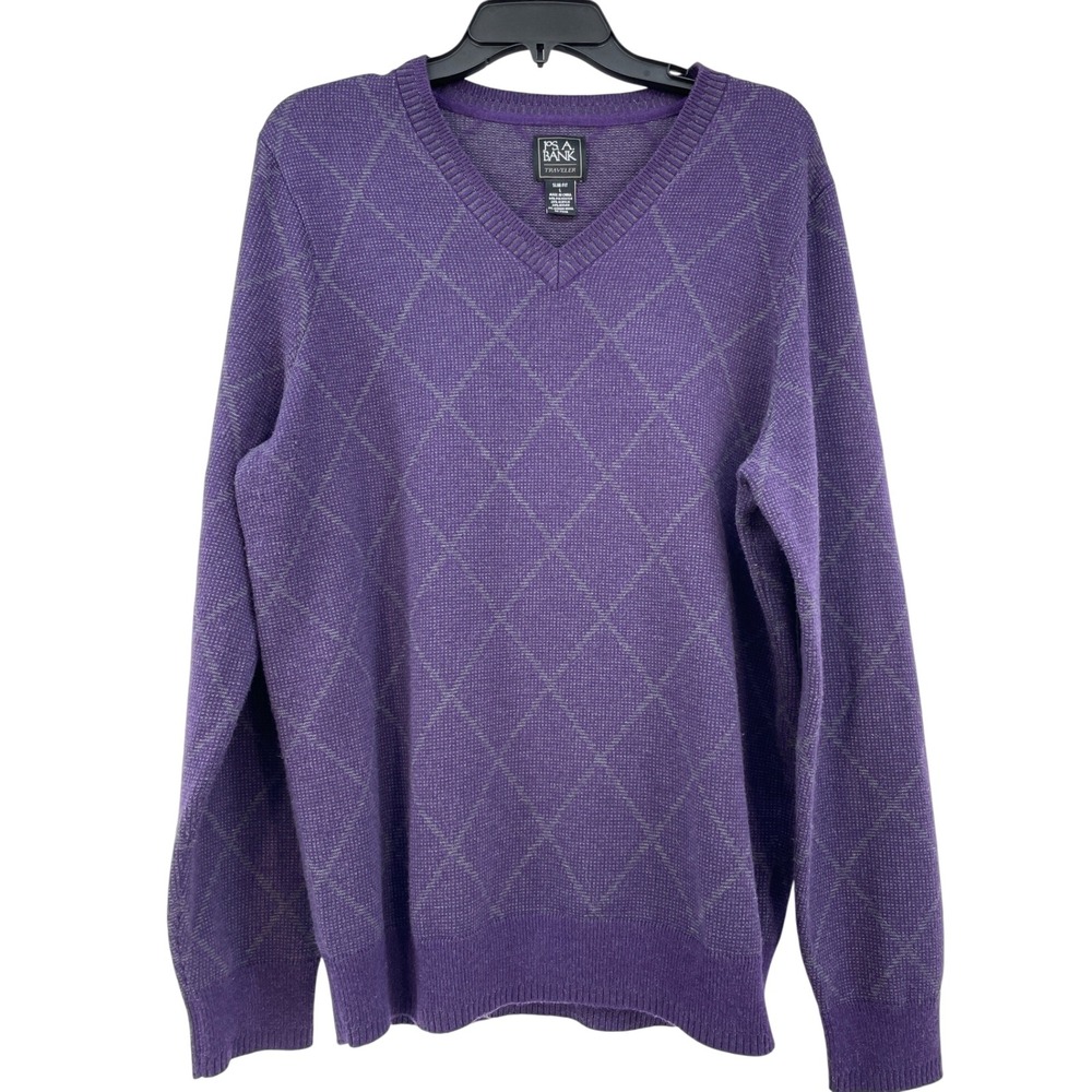 Jos A Bank Traveler Mens Purple Diamond Grid V-Neck Merino Blend Sweater Large